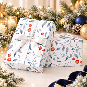 Elegant Watercolor Holly Red Berries Christmas Wrapping Paper