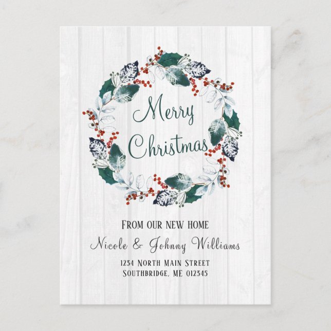 Elegant Watercolor Holly Wreath Christmas Moving Announcement Postcard (Front)