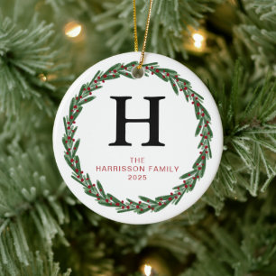 Elegant Watercolor Holly Wreath Monogram Photo Ceramic Ornament