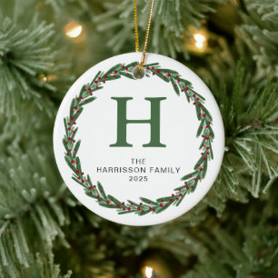 Elegant Watercolor Holly Wreath Monogram Photo Ceramic Ornament