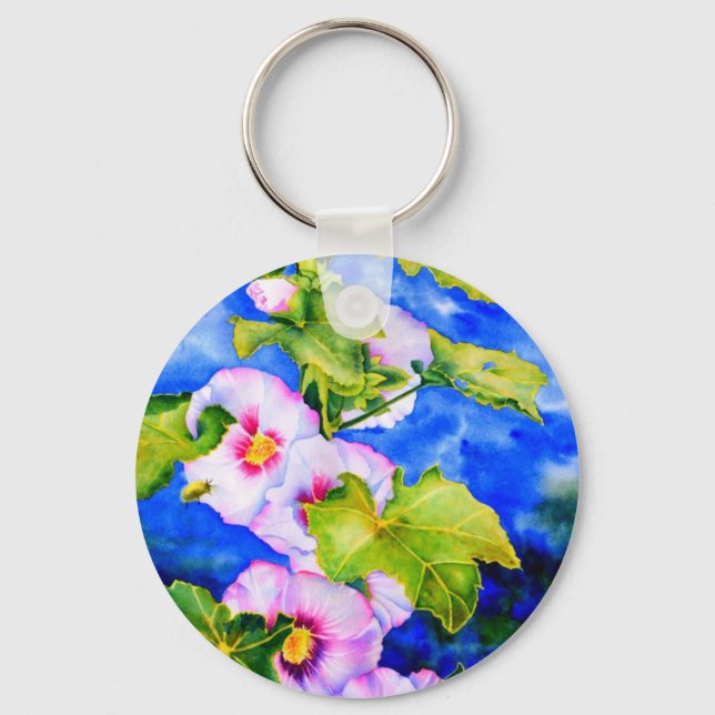 Elegant watercolor Hollyhocks Key Ring (Front)