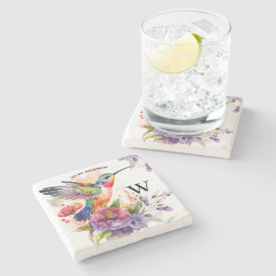 Elegant Watercolor Hummingbird Monogram With Name Stone Coaster