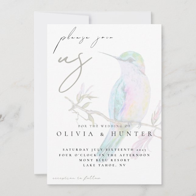 Elegant Watercolor Hummingbird Wedding Invitation (Front)