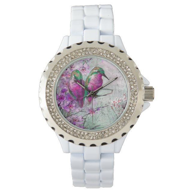 Elegant Watercolor Hummingbirds with Pink Flowers Watch (Front)