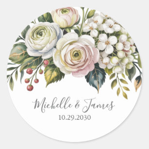 Elegant watercolor Hydrangea Rose Floral Wedding   Classic Round Sticker