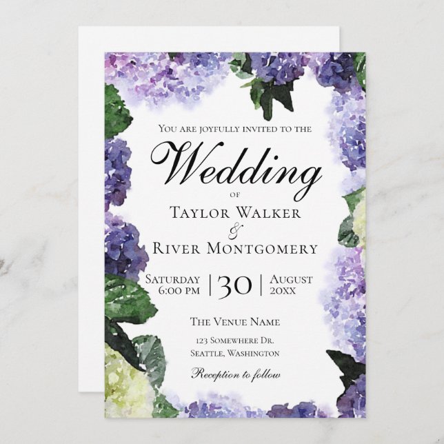 Elegant Watercolor Hydrangeas in Purple & Lavender Invitation (Front/Back)