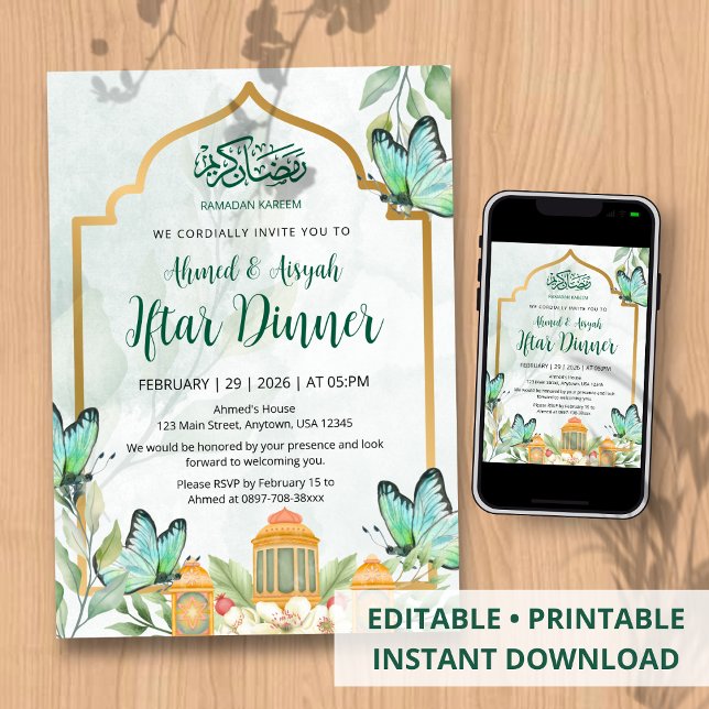 Elegant Watercolor Iftar Ramadan Dinner Invitation (Creator Uploaded)