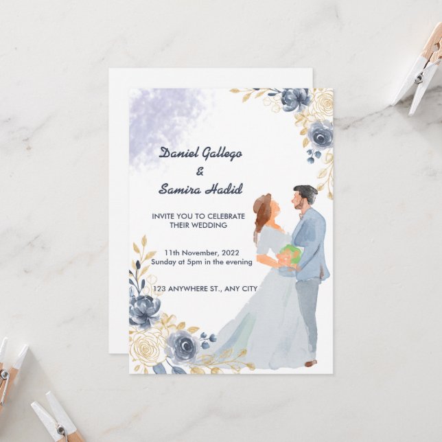 Elegant Watercolor illustrated wedding invitation (Front/Back In Situ)
