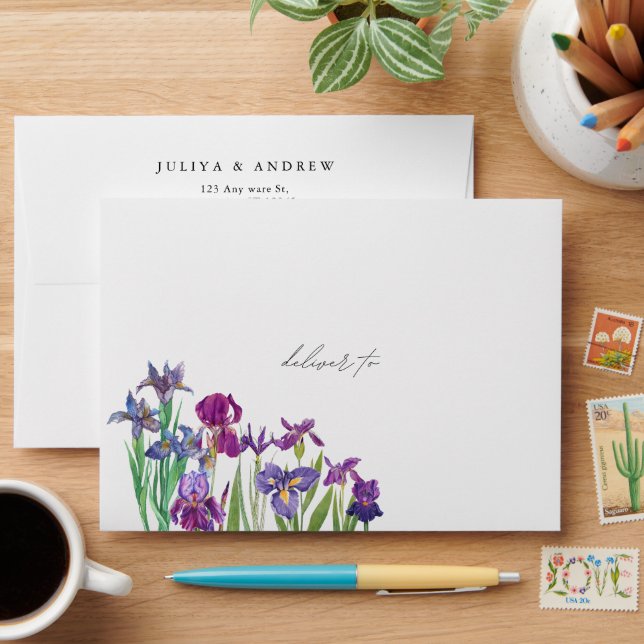 Elegant watercolor Iris flower script wedding Envelope (Desk)