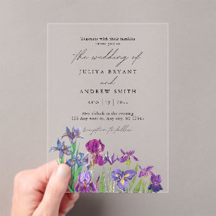 Elegant watercolor Iris in white script wedding Acrylic Invitations