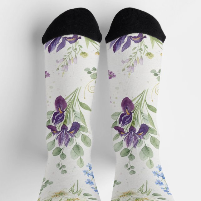 Elegant Watercolor Iris & Lily Bouquet Socks (Top)