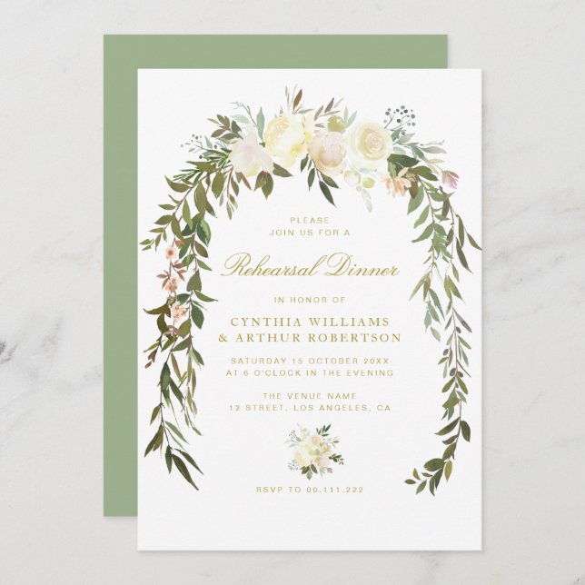elegant watercolor ivory floral rehearsal dinner invitation (Front/Back)