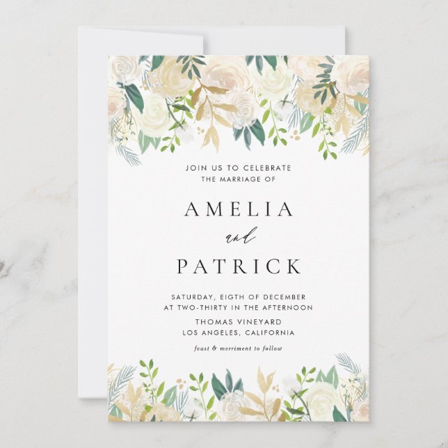 Elegant Watercolor Ivory Peonies Gold Foil Wedding Invitation (Front)
