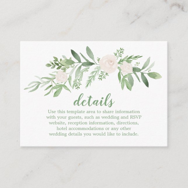 Elegant Watercolor Ivory Rose Wedding Details Enclosure Card (Front)