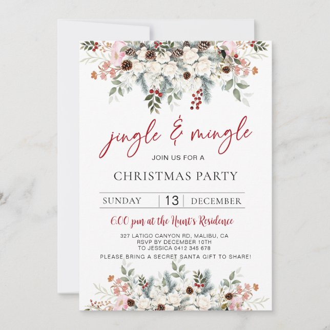 Elegant Watercolor Jingle & Mingle Christmas Party Holiday Card (Front)