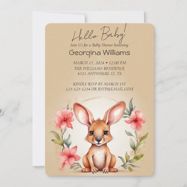 Elegant Watercolor Kangaroo Baby Shower Invitation (Front)