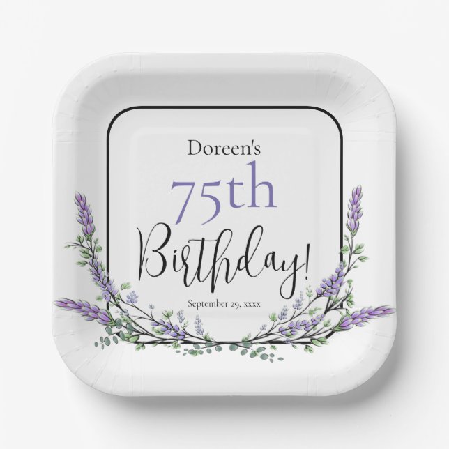 Elegant watercolor lavender botanical birthday paper plate (Front)