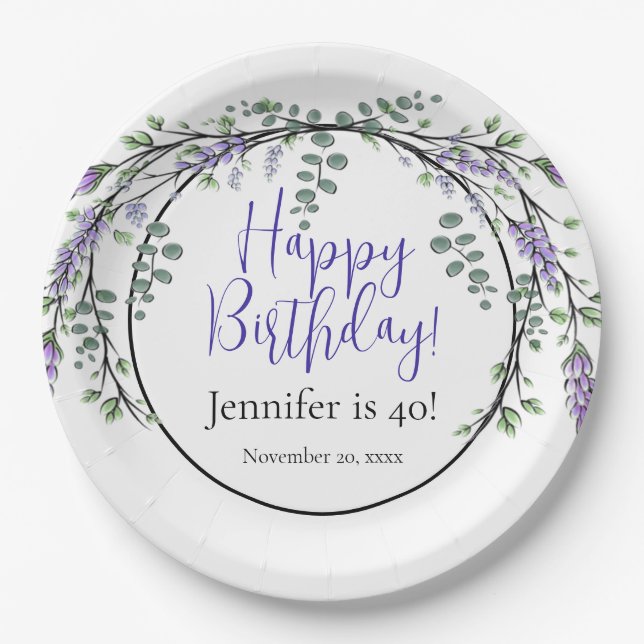 Elegant watercolor lavender botanical birthday paper plate (Front)