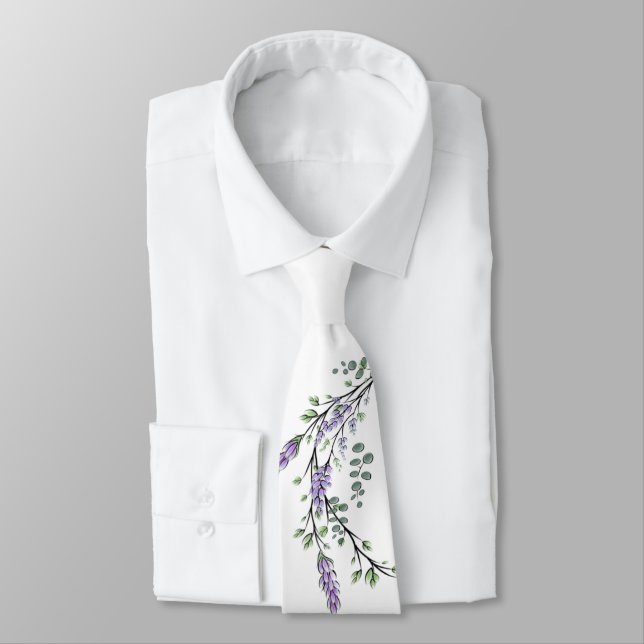 Elegant watercolor Lavender Eucalyptus botanical Tie (Tied)