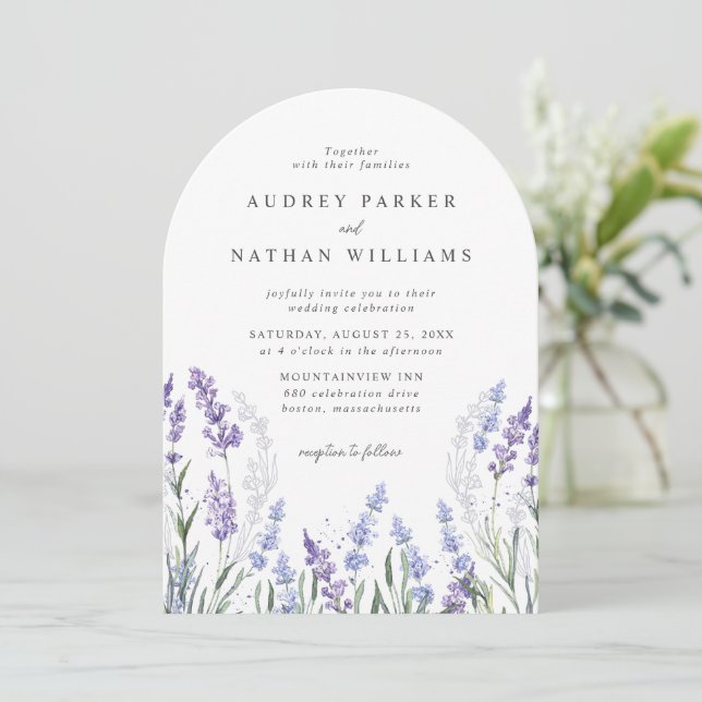 Elegant Watercolor Lavender Field Details Wedding Invitation (Standing Front)
