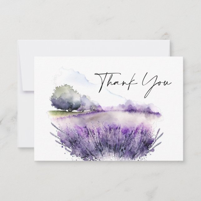 Elegant Watercolor Lavender Flowers Field Wedding Thank You Card (Front)