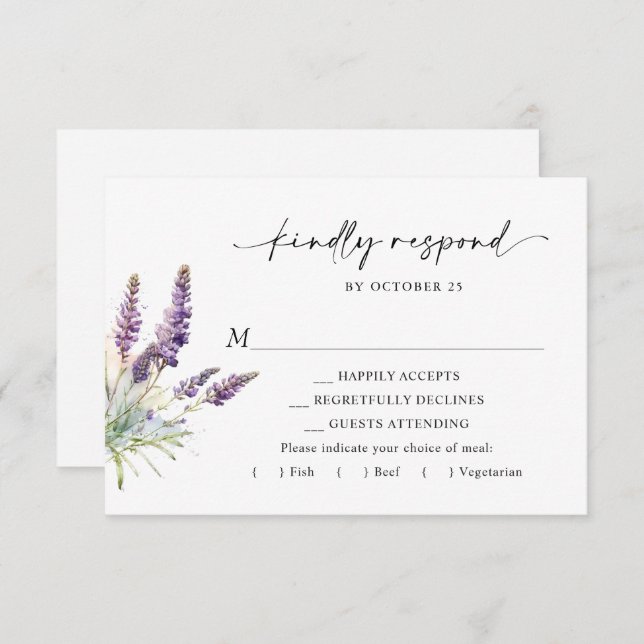Elegant Watercolor Lavender Flowers Wedding RSVP Card (Front/Back)