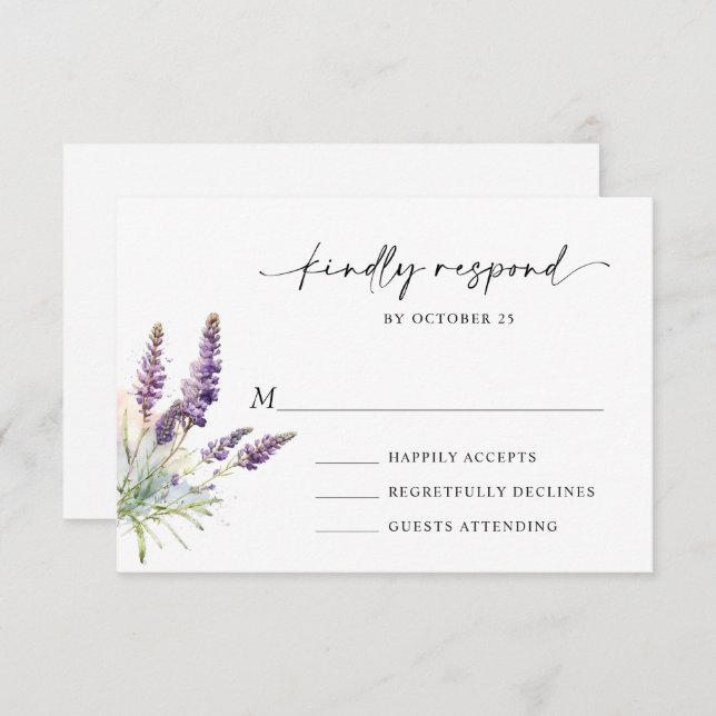 Elegant Watercolor Lavender Flowers Wedding RSVP Card (Front/Back)