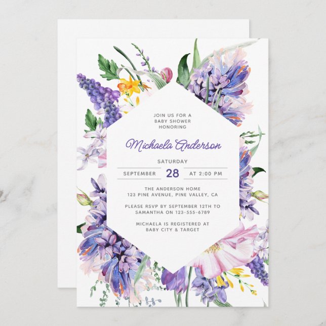 Elegant Watercolor Lavender Purple Baby Shower Invitation (Front/Back)