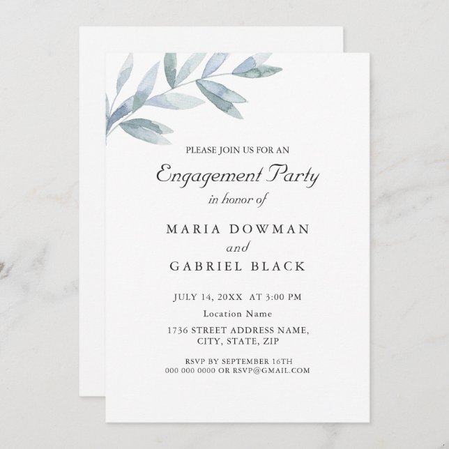 Elegant watercolor leaf botanical Engagement Part Invitation (Front/Back)