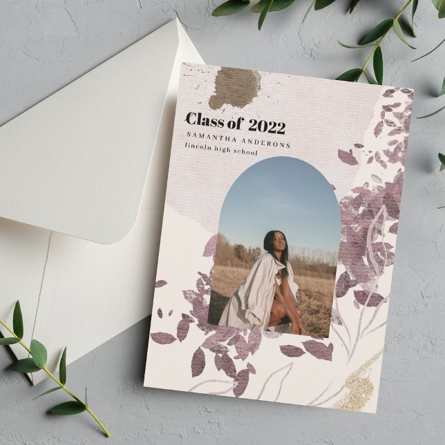 Elegant Watercolor Leaf Graduation Photo  Invitation (Creator Uploaded)