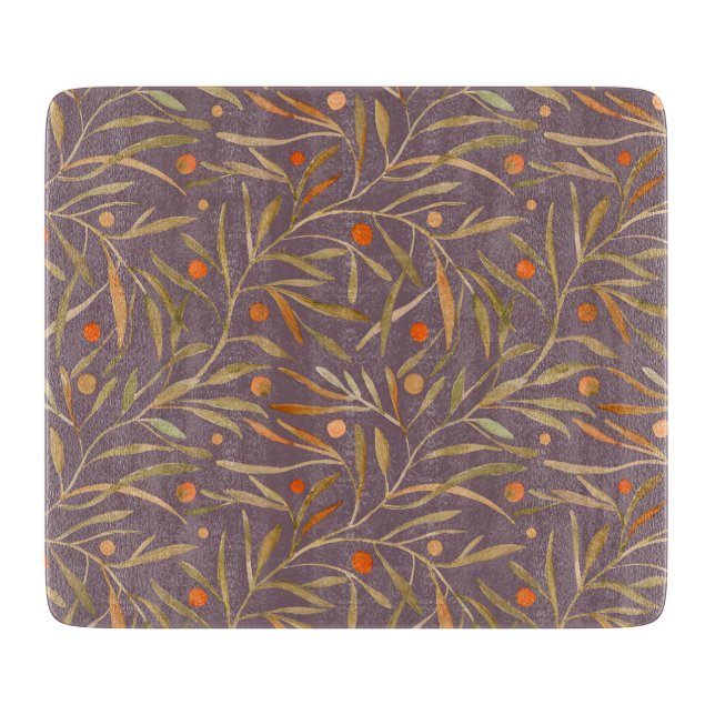 Elegant Watercolor Leaf Pattern  Purple Background Cutting Board (Front)