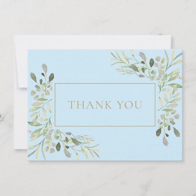 Elegant Watercolor Leaves Baby Boy Blue Thank You Card (Front)