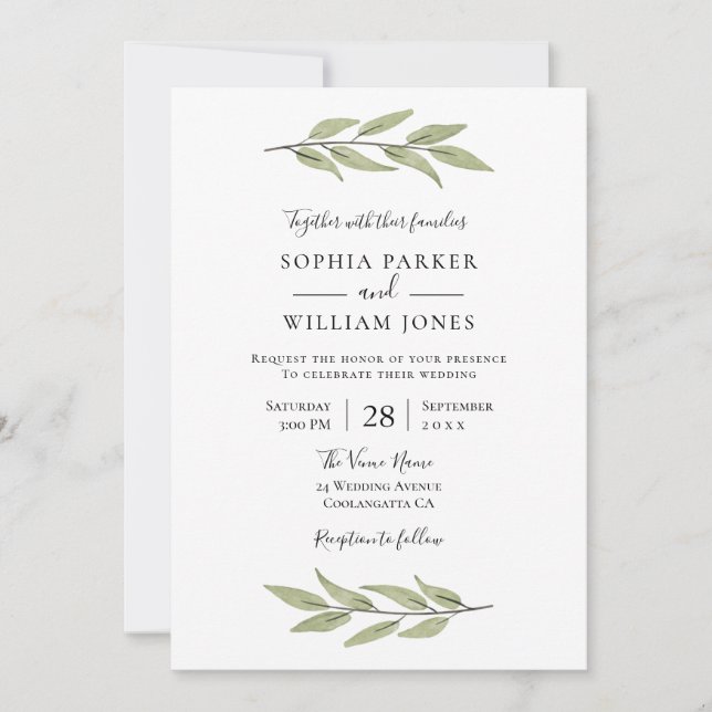 Elegant Watercolor Leaves Beautiful Wedding Invitation (Front)