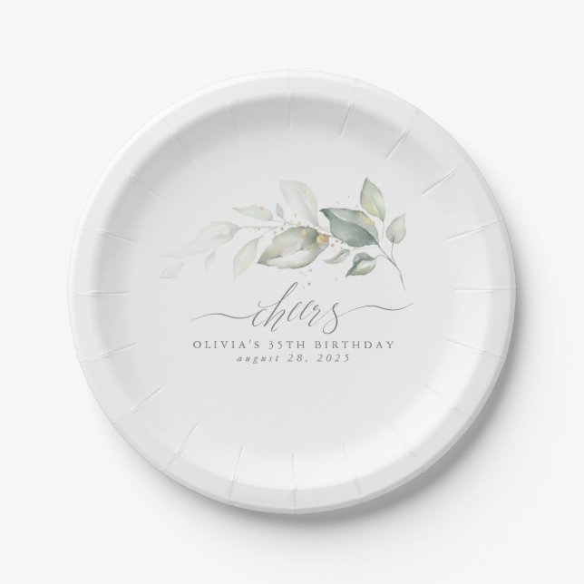 Elegant Watercolor Leaves Cheers Paper Plate (Front)