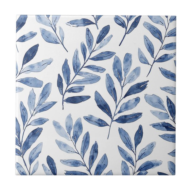 Elegant Watercolor Leaves Pattern Indigo Blue Ceramic Tile (Front)