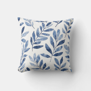 Elegant Watercolor Leaves Pattern Indigo Blue Cushion