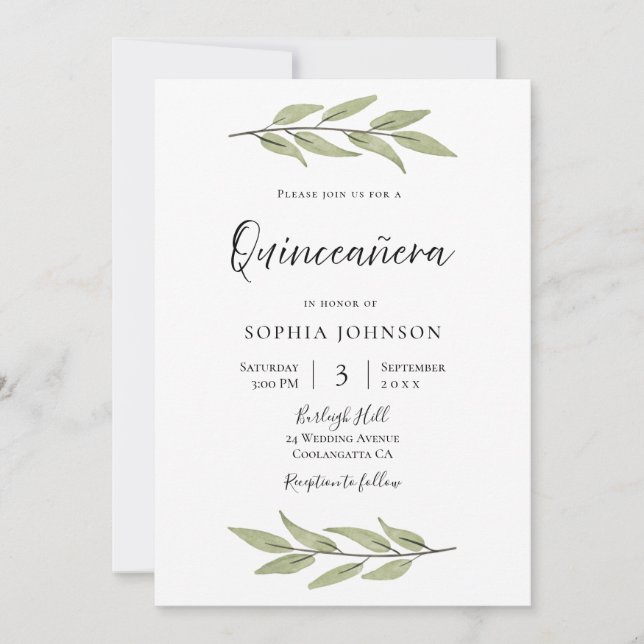 Elegant Watercolor Leaves Quinceanera Party Invitation (Front)