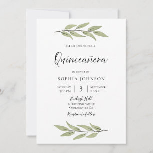 Elegant Watercolor Leaves Quinceanera Party Invitation