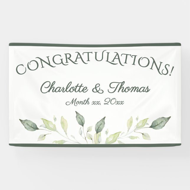 Elegant Watercolor Leaves Wedding Congratulations Banner (Horizontal)