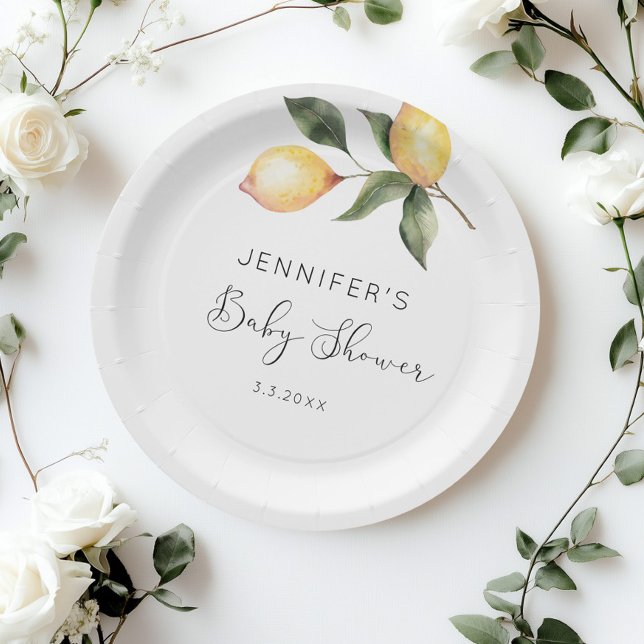 Elegant watercolor lemon baby shower paper plate (Creator Uploaded)