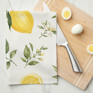 Elegant Watercolor Lemon Blossom Botanical Pattern Tea Towel