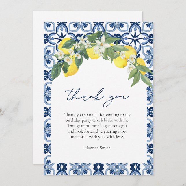Elegant watercolor Lemon Positano  Thank You Card (Front/Back)