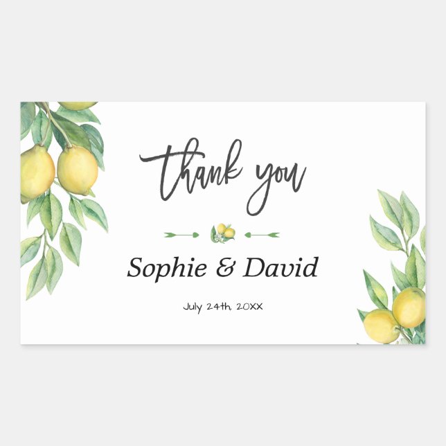 Elegant Watercolor Lemon Tropical Wedding Rectangular Sticker (Front)