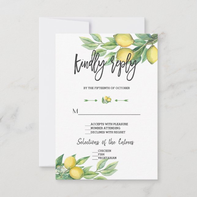 Elegant Watercolor Lemon Wedding Handwriting RSVP Card (Front)