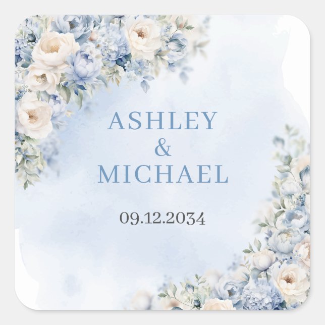 Elegant watercolor light Blue and white Flowers  Square Sticker (Front)
