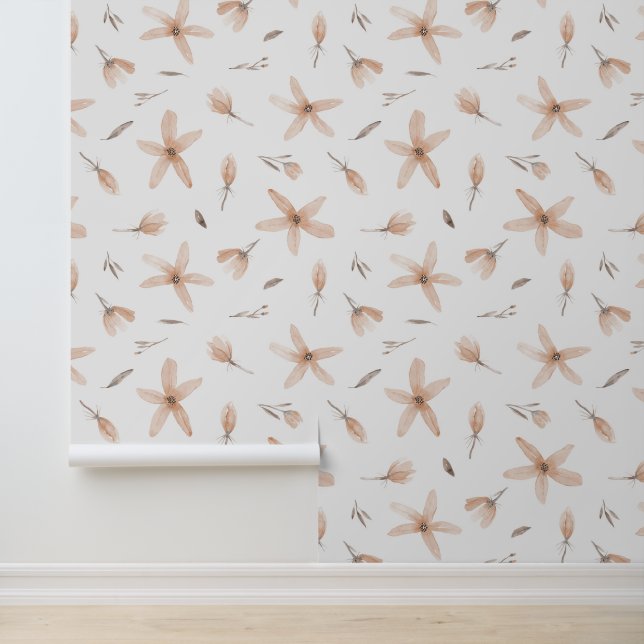 Elegant Watercolor Light Brown Flowers & Buds Wallpaper (Application)