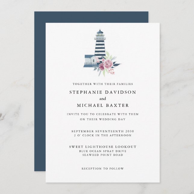 Elegant Watercolor Lighthouse Nautical Minimalist Invitation (Front/Back)