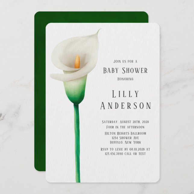 Elegant Watercolor Lilly Baby Shower Invitation (Front/Back)