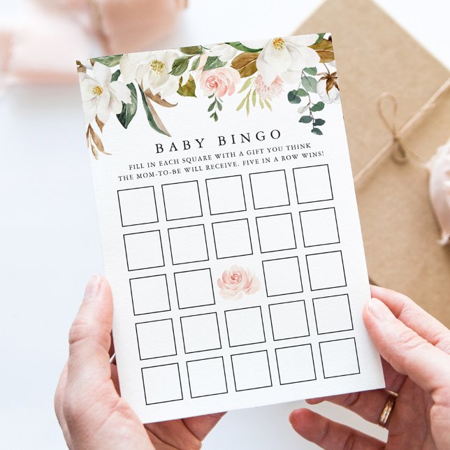 Elegant Watercolor Magnolia Baby Shower Bingo Card (Creator Uploaded)