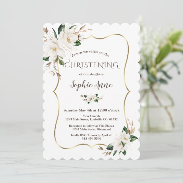 Elegant Watercolor Magnolia Flowers Christening Invitation (Standing Front)